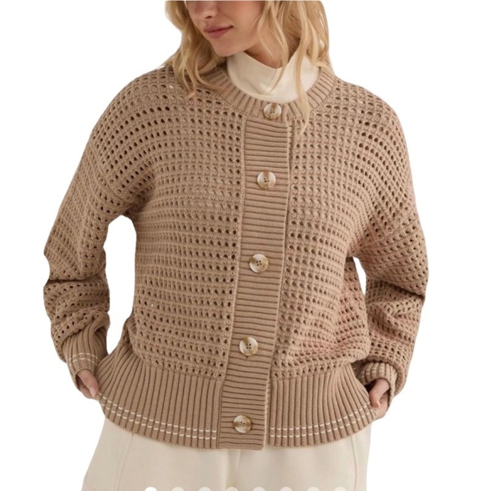 Varley Kris Relaxed Fit Cotton Cardigan Sz L Open Knit Preppy Nautical Casual